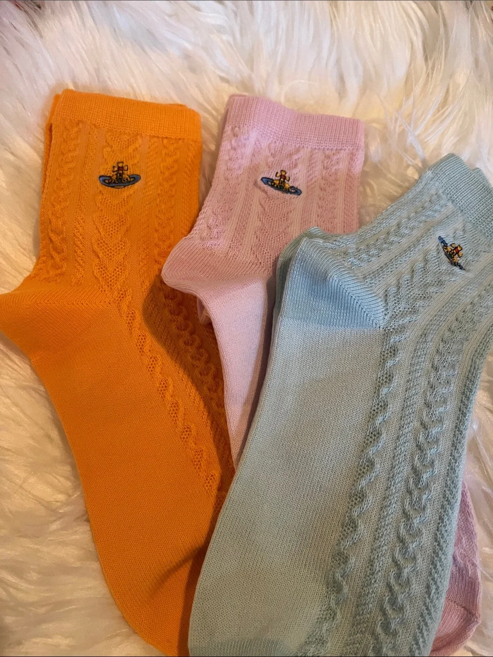 Vivienne Westwood Orange, Pink & Light Blue Cable Knit Ankle Socks 3 pair